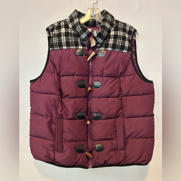 Ruff Hewn Other - Ruff Hewn Burgundy Puffer Vest with Plaid Collar